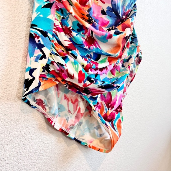Swim Solutions Floral Twist Front One Piece Mio Swimsuit Size 14 Bright Tropical - Picture 5 of 11